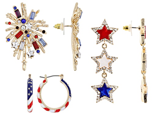 Pre-Owned Off Park® Collection, Multi-Color Acrylic Gold Tone Patriotic Earring Set of 3