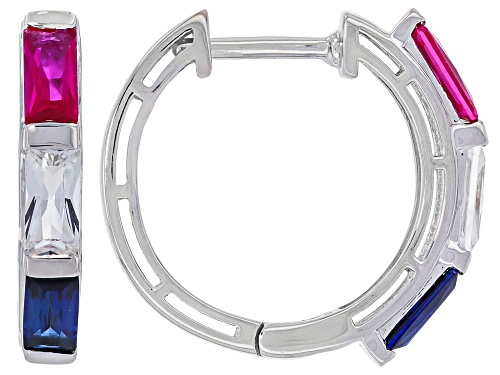 Pre-Owned 1.57ctw Lab Blue & Lab White Sapphire With 0.68ctw Lab Ruby Rhodium Over Silver Hoop Earri