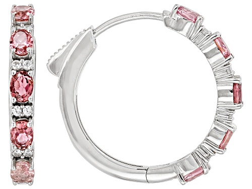 Pre-Owned 1.36ctw Pink Tourmaline with 0.11ctw White Zircon Rhodium Over Sterling Silver Hoop Earrin