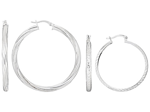 Pre-Owned Sterling Silver Over Brass 4mm Polished And Textured Set Of 2 Hoops