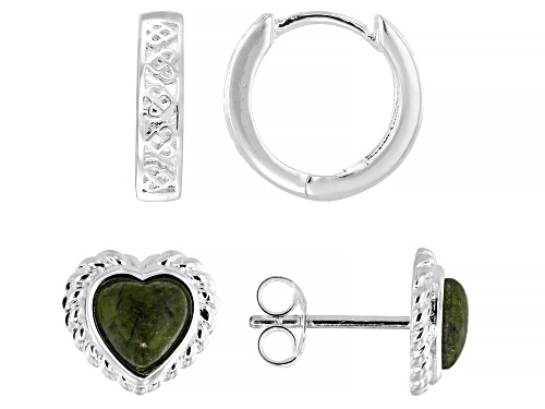Pre-Owned Artisan Collection of Ireland™ Connemara Marble Silver Tone Heart Stud & Huggie Earring Se