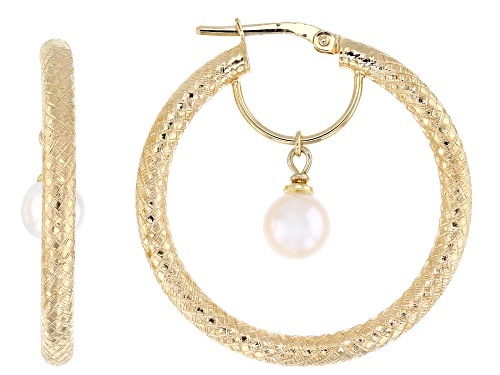 Pre-Owned 6mm White Cultured Freshwater Pearl 18k Yellow Gold Over Bronze Hoop Earrings