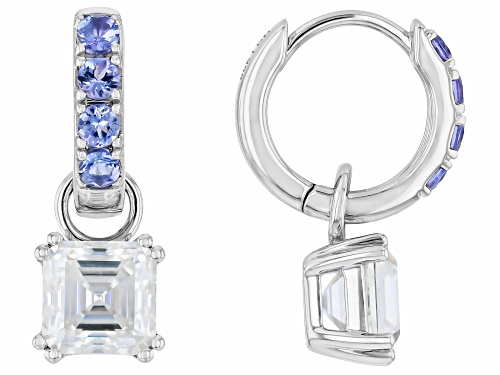 Pre-Owned MOISSANITE FIRE® 3.70CTW DEW ASSCHER CUT WITH 0.53CTW  ROUND TANZANITE PLATINEVE® EARRINGS
