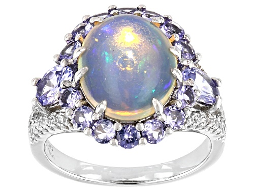 Photo of Pre-Owned 12x10mm Opal, 1.50ctw Tanzanite, 0.10ctw White Zircon Rhodium Over Sterling Silver Ring - Size 8