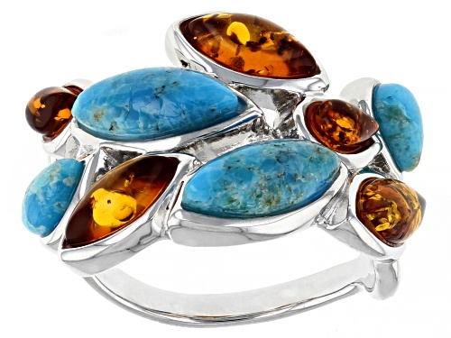 Photo of Pre-Owned 8x4mm,5x3mm Cabochon Amber & 10x4mm, 5x3mm Turquoise Rhodium Over Silver Band Ring - Size 8