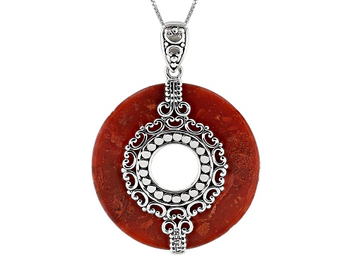 Pre-Owned Pacific Style™ 40mm Round Red Coral Rhodium Over Silver  Pendant W/Chain