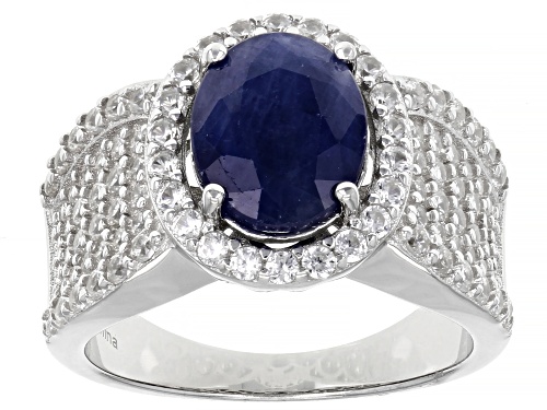 Photo of Pre-Owned 2.25ct Blue Sapphire with 1.50ctw Round White Zircon Rhodium Over Sterling Silver Ring - Size 7