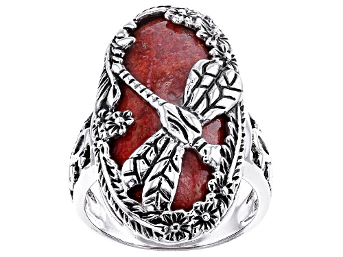 Pre-Owned Pacific Style™ 26x12mm Oval Coral Rhodium Over Sterling Silver Dragonfly Ring - Size 8