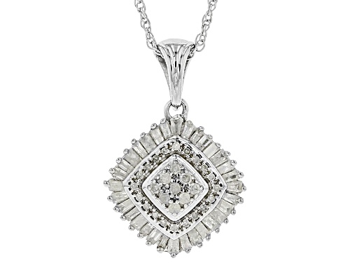 Pre-Owned 0.50ctw Round And Baguette White Diamond Rhodium Over Sterling Silver Cluster Pendant With