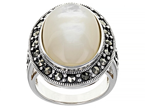 Photo of Pre-Owned 20X13.5mm Oval Mother-of-Pearl and Round Marcasite Rhodium Over Sterling Silver Ring - Size 7