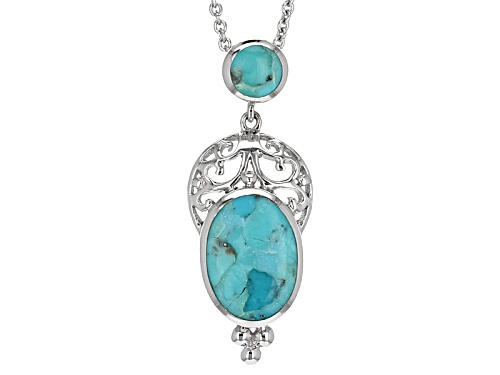 Pre-Owned 16x11.5mm Oval And 6.5mm Round Cabochon Turquoise Sterling Silver Slide With Chain