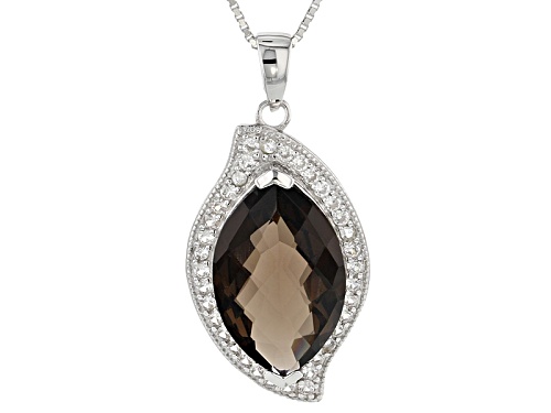 Pre-Owned 8.22ct Marquise Smoky Quartz And .27ctw Round White Zircon Sterling Silver Pendant With Ch
