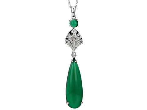 Pre-Owned 30x10mm Pear Shape & 5mm Round Green Onyx With .43ctw Zircon Sterling Silver Pendant With