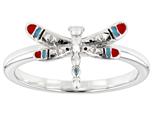 Pre-Owned Southwest Style By JTV™ Childrens Red, Blue, And Black Enamel Rhodium Over Silver Dragonfl