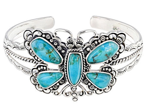 Pre-Owned Southwest Style By JTV™ Mixed Shapes Turquoise Rhodium Over Silver Dragonfly Cuff Bracelet - Size 7.5