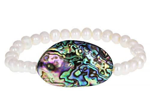 Pre-Owned 7mm White Cultured Freshwater Pearl & Abalone Shell Stretch Bracelet