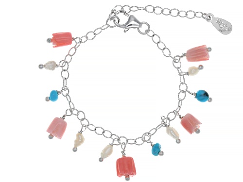 Photo of Pre-Owned  Turquoise, Coral & Cultured Freshwater pearl Silver Bracelet - Size 4