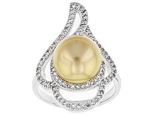 Pre-Owned 10mm Cultured Golden South Sea Pearl And .57ctw White Topaz Rhodium Over Sterling Silver R - Size 8.5