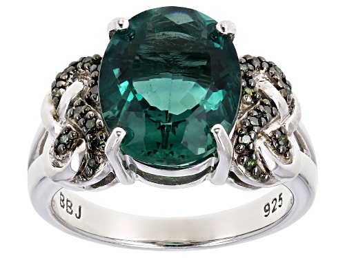 Pre-Owned 4.42CT OVAL TEAL FLUORITE WITH .09CTW GREEN DIAMOND ACCENT RHODIUM OVER SILVER RING - Size 10