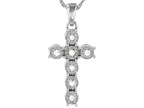 Pre-Owned .10ctw Round White Diamond Rhodium Over Sterling Silver Cross Pendant With 18