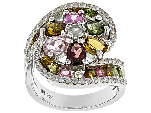 Photo of Pre-Owned 3.03ctw Oval & Round Mixed-Color Tourmaline With .87ctw White Zircon Rhodium Over Silver B - Size 8