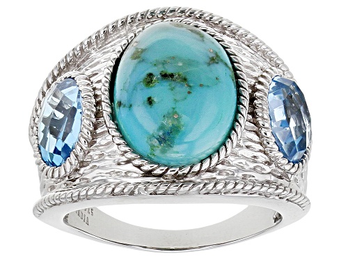 Pre-Owned 14x10mm Oval Blue Turquoise With 2.32ctw Oval Swiss Blue Topaz Rhodium Over Sterling Silve - Size 5