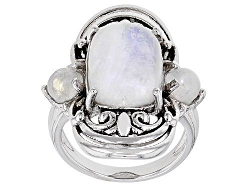 Photo of Pre-Owned Rectangular Cushion and Round Rainbow Moonstone Rhodium Over Sterling Silver 3-Stone Ring - Size 7