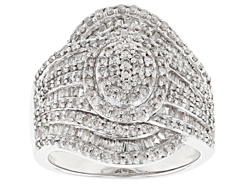 Pre-Owned 1.63ctw Round And Baguette White Diamond Rhodium Over Sterling Silver Cluster Ring - Size 6