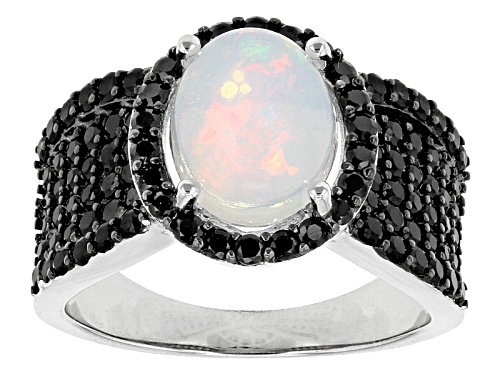 Pre-Owned 1.50ct Oval Ethiopian Opal With .94ctw Round Black Spinel Sterling Silver Ring - Size 4