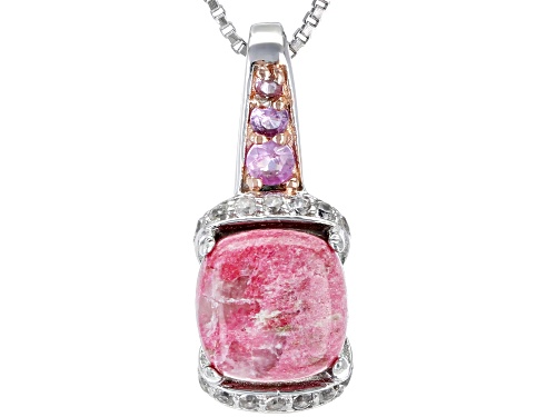 Pre-Owned 8mm Thulite with .12ctw Pink Sapphire & .13ctw Zircon Rhodium Over Sterling Silver Pendant