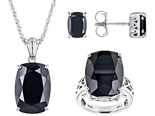 Pre-Owned 44.39ctw Rectangular Cushion Black Spinel Sterling Silver Ring, Pendant With Chain And Ear