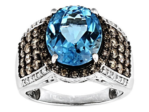 Pre-Owned 5.10ct Swiss Blue Topaz with 1.03ctw Champagne & White Diamond Rhodium Over Sterling Silve - Size 8