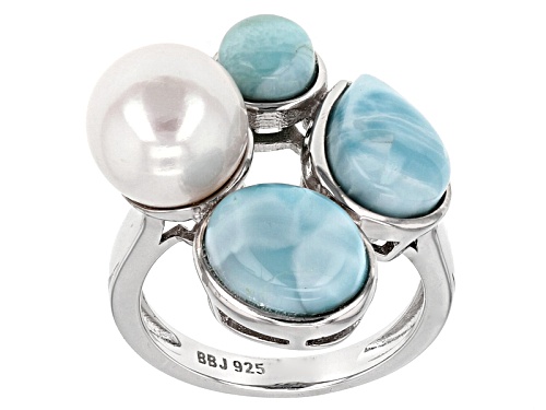 Pre-Owned 9.5-10mm White Cultured Freshwater Pearl & 7.95ctw Larimar Rhodium Over Sterling Silver Ri - Size 4