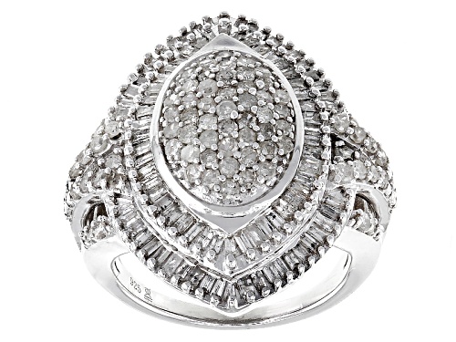 Photo of Pre-Owned 2.00ctw Round And Baguette White Diamond Rhodium Over Sterling Silver Cluster Ring - Size 5