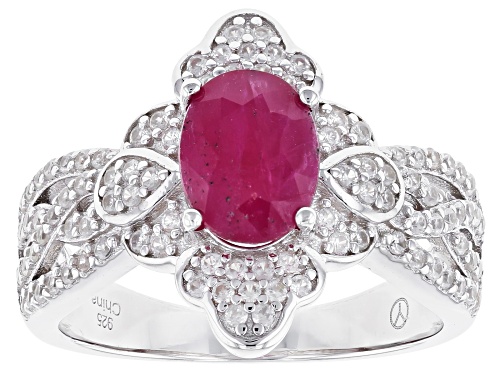 Pre-Owned 1.00CT OVAL BURMA RUBY WITH .76CTW ROUND WHITE ZIRCON RHODIUM OVER SILVER RING - Size 8