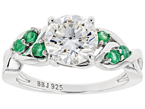 Photo of Pre-Owned Moissanite Fire® 1.90ct Dew Round And .24ctw Round Zambian Emerald Platineve® Ring - Size 10
