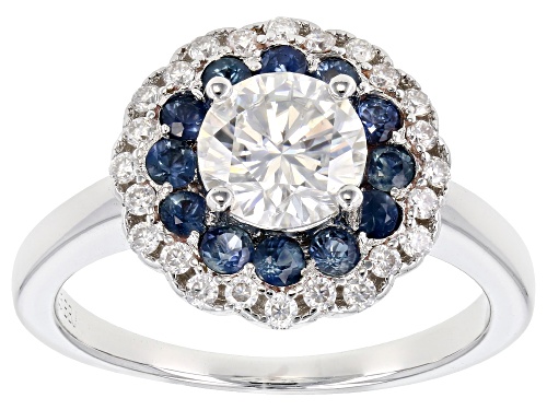 Photo of Pre-Owned Moissanite Fire® 1.24ctw Dew With .54ctw Blue Sapphire Platineve® Ring - Size 10