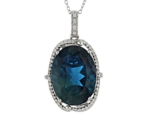Pre-Owned 17.85ct Oval Teal Fluorite And .35ctw Round White Zircon Sterling Silver Pendant With Chai