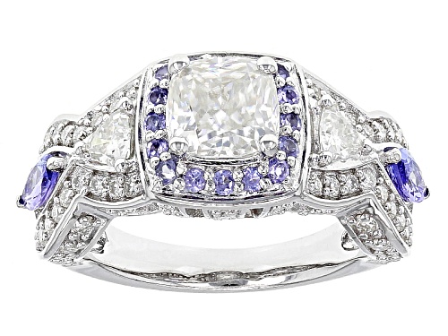 Pre-Owned Moissanite Fire® 2.42ctw Dew And .60ctw Tanzanite Platineve™ Ring - Size 6