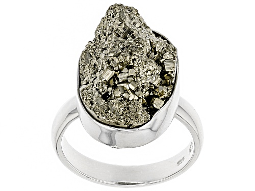 Pre-Owned Artisan Gem Collection Of India, Free-Form Drusy Pyrite Rough Sterling Silver Solitaire Ri - Size 12