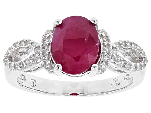 Pre-Owned 2.00CT OVAL BURMA RUBY WITH .36CTW ROUND WHITE ZIRCON RHODIUM OVER SILVER RING - Size 10