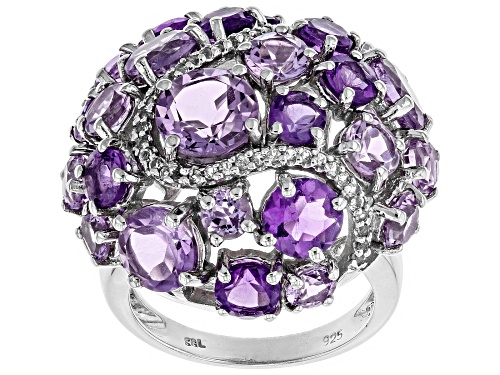 Pre-Owned 7.93ctw Round Brazilian & African Amethyst, .19ctw Topaz Rhodium Over Silver Dome Ring - Size 6