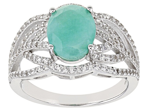 Pre-Owned 2.08ct Oval Emerald And .86ctw Round White Zircon Sterling Silver Ring - Size 9