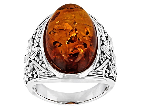 Pre-Owned 20x12mm Oval Cabochon Amber Sterling Silver Ring - Size 6