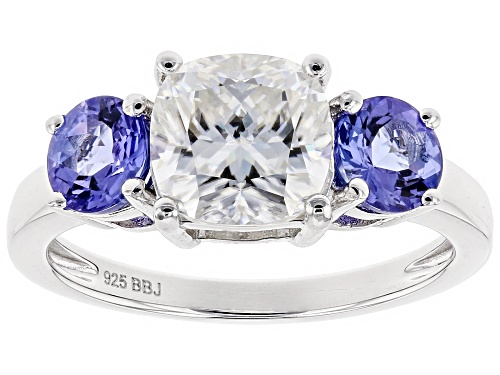 Pre-Owned Moissanite Fire® 2.00ct Dew Cushion Cut And 1.04ctw Round Tanzanite Platineve™ Ring - Size 8