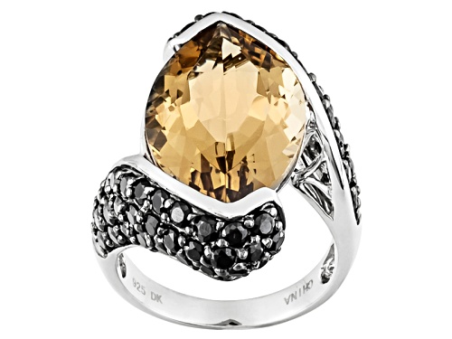 Photo of Pre-Owned 10.20ct Marquise Champagne Quartz With 2.12ctw Round Black Spinel Sterling Silver Ring - Size 6