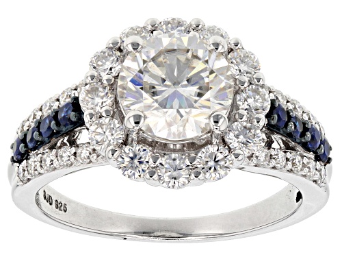 Photo of Pre-Owned Moissanite Fire® 3.02ctw Dew And .32ctw Blue Sapphire Platineve™ Ring - Size 11