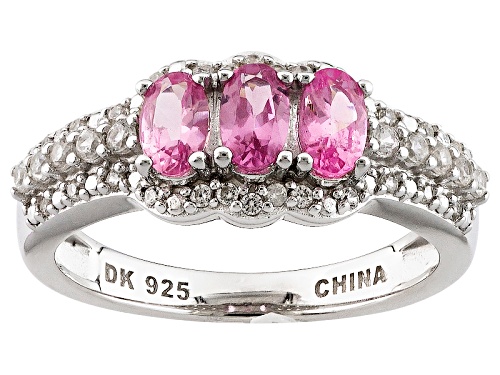 Pre-Owned .64ctw Oval Pink Spinel And .37ctw Round White Zircon Sterling Silver 3-Stone Ring - Size 12