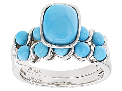 Pre-Owned Rectangular Cushion & Round Sleeping Beauty Turquoise Rhodium Over Silver Set of 2 Rings - Size 9