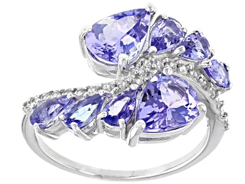 Photo of Pre-Owned 3.30ctw Pear Shape Tanzanite With .23ctw Round Zircon Rhodium Over Sterling Silver Bypass - Size 9
